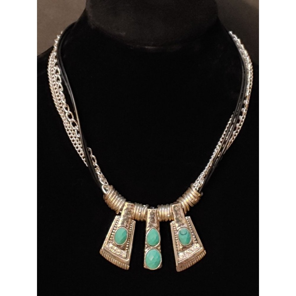 Simulated Turquoise Necklace w/ Simulated Diamonds Silvertone Chains Black Cords